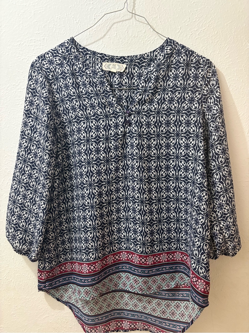 Pink Rose Navy and White Printed Tunic with Multi-Color Border